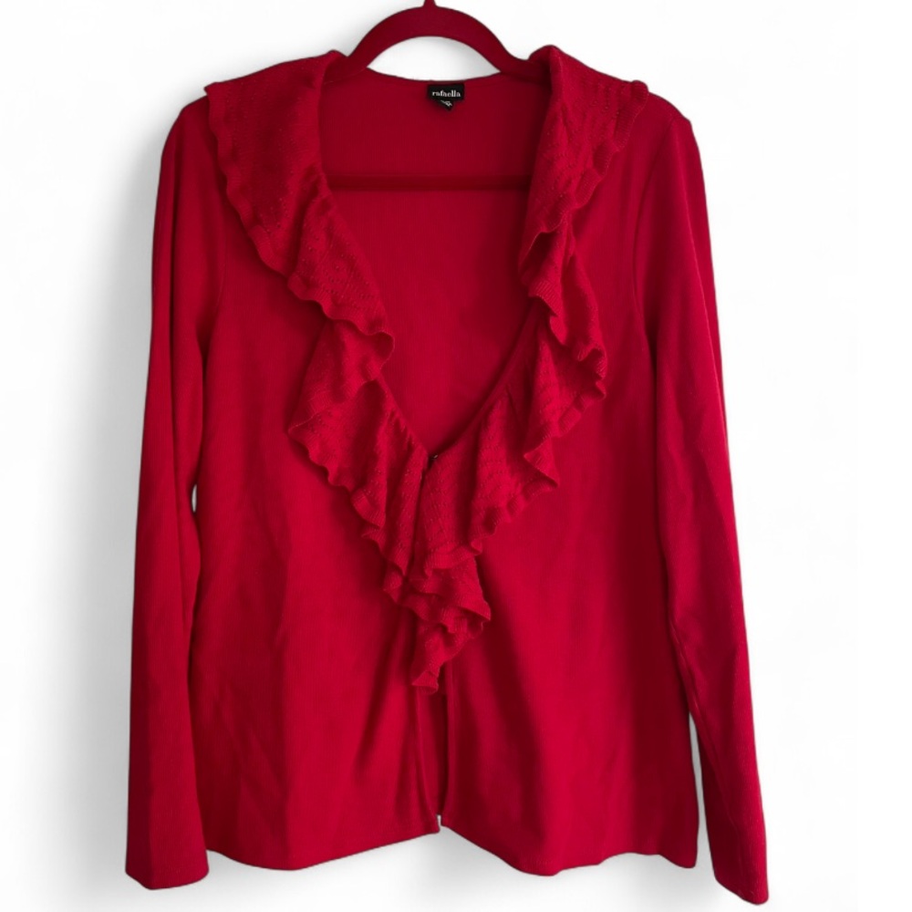 Rafaella Red Cotton V Neck Ruffled Cardigan Size M